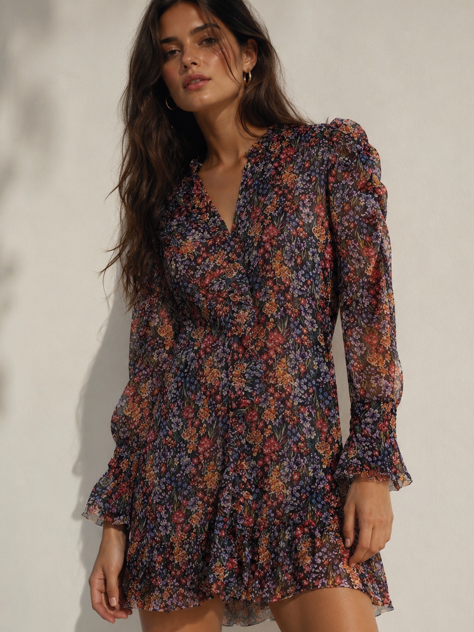 Misa Los Angeles Floral Long Sleeve Mini Dress Xs |Ruffle Hem | Romantic Boho